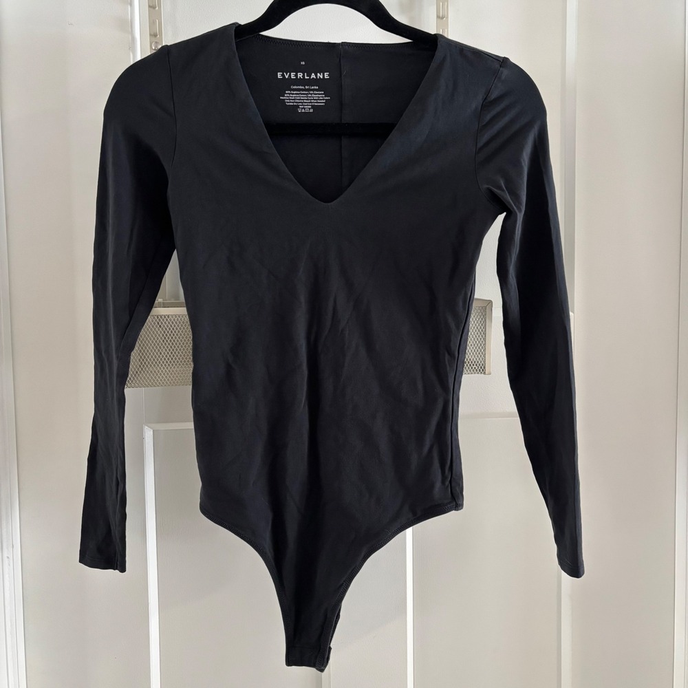EVERLANE Supima Cotton Black‎ Long Sleeve V Neck Thong Bodysuit Women's Size XS